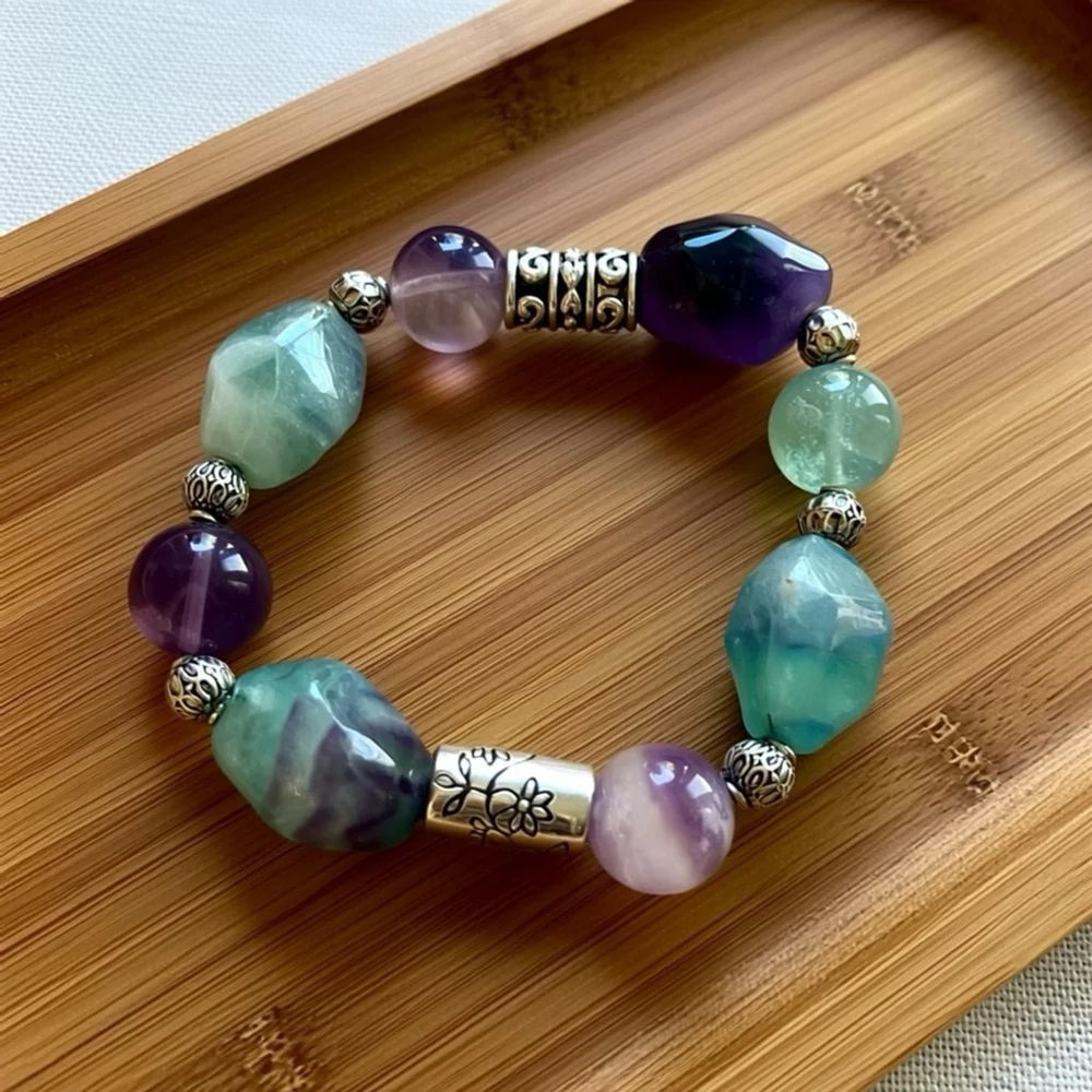 Boho Gemstone Crystal Bracelet Stack Set of 4 Amethyst Fluorite Silver Artisan - Picture 4 of 7